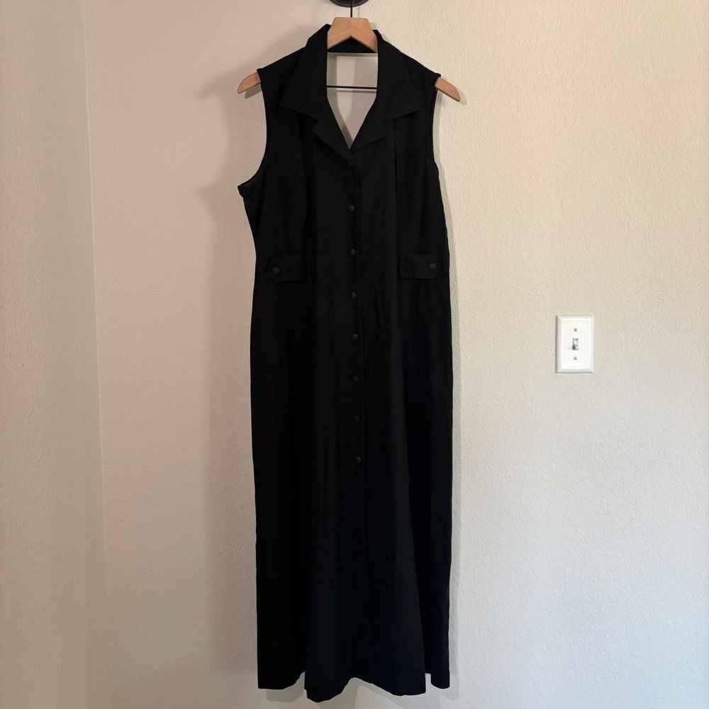 Erika Dress Maxi XL Linen Blend Black Sleeveless Button Front Dark Academia